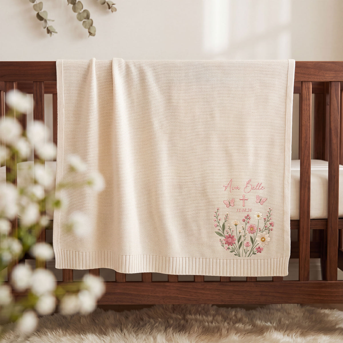 Personalized Embroidered Baby Name Blanket Baptism Cross Floral Knit Baby Shower Gift