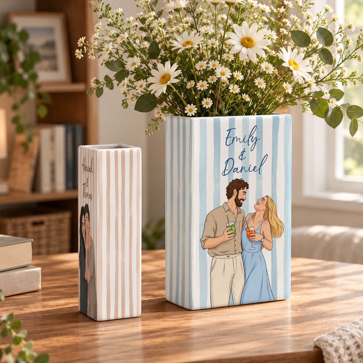 Custom Wedding Book Vase Couple Portrait Striped Pattern Ceramic Flower Tabletop Holder