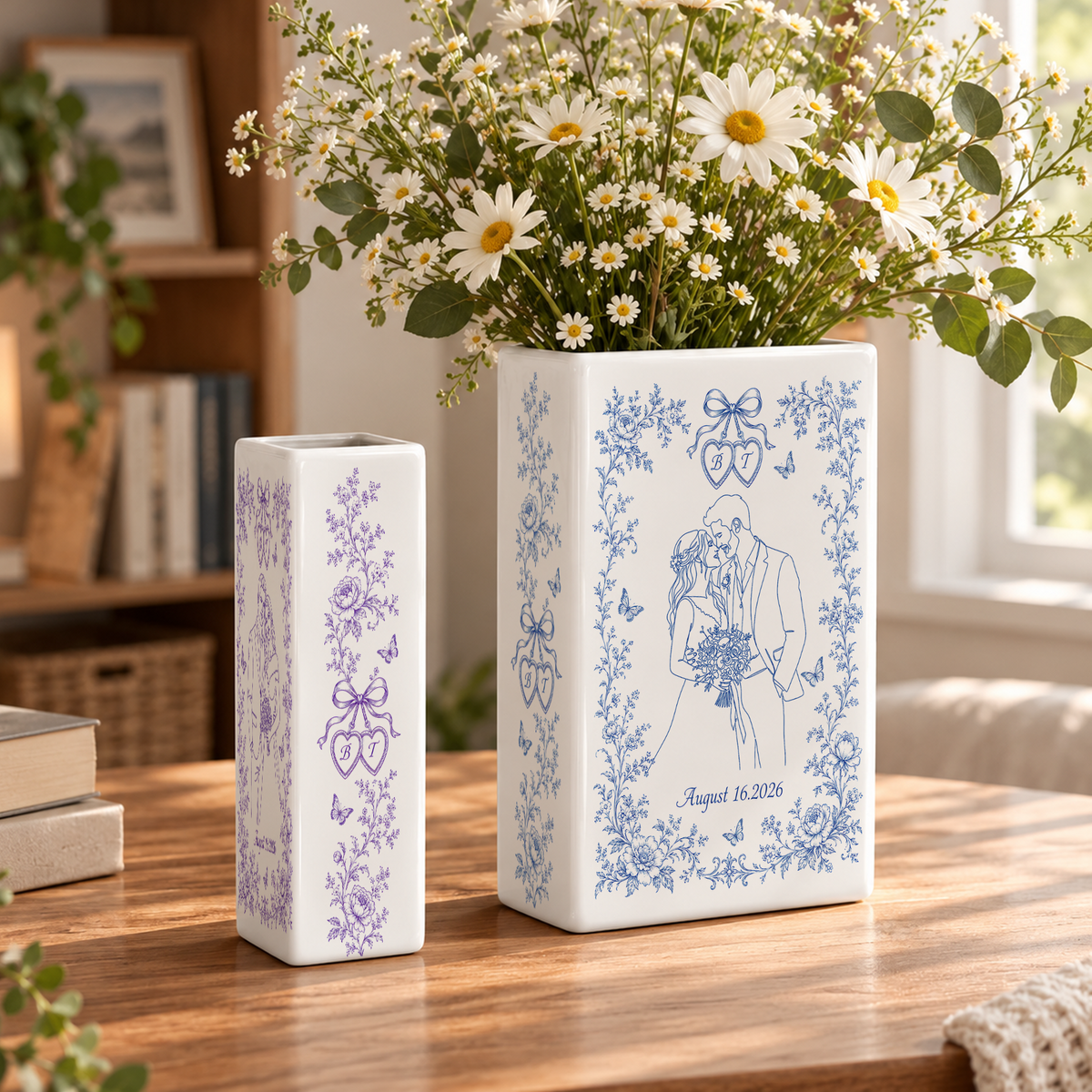 Custom Wedding Book Vase Ribbon Hearts Bride Groom Line Art Ceramic Tabletop Holder