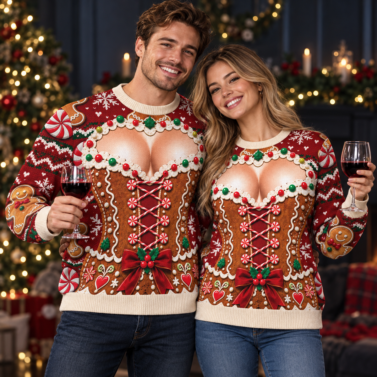 Funny Ugly Christmas Sweater Gingerbread Sexy Cleavage Custom Skin Tone Party Sweatshirt