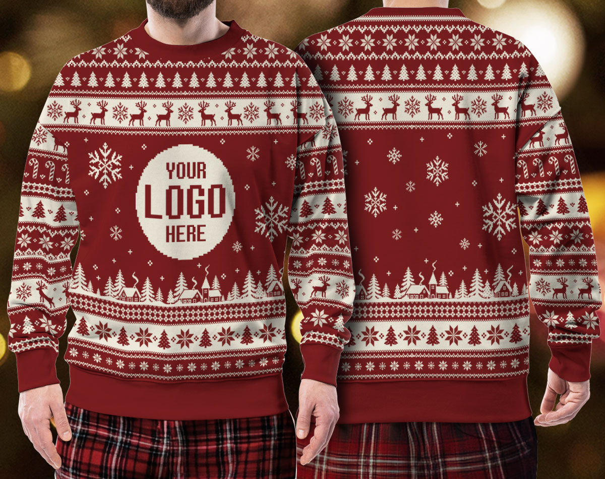 Custom Logo Ugly Christmas Sweater Red Reindeer Fair Isle Pattern Holiday Jumper