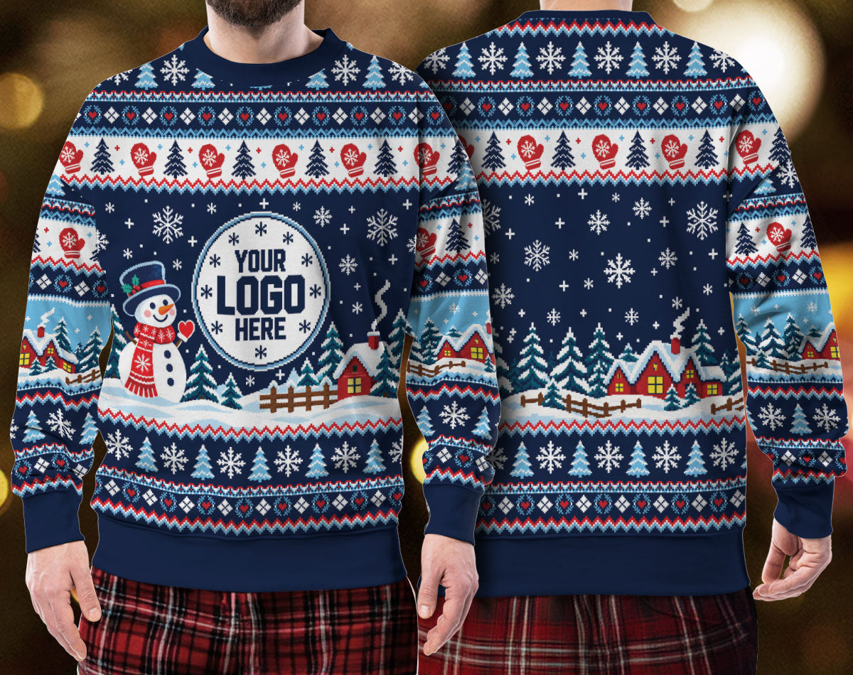 Custom Logo Ugly Sweater Snowman Winter Village Patterned Xmas Party Pullover