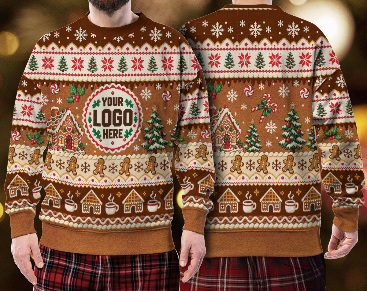 Custom Logo Ugly Christmas Sweater Gingerbread House Man Patterned Holiday Jumper