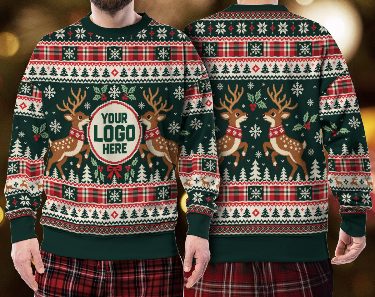 Custom Logo Ugly Sweater Green Reindeer Holly Berry Plaid Patterned Xmas Pullover