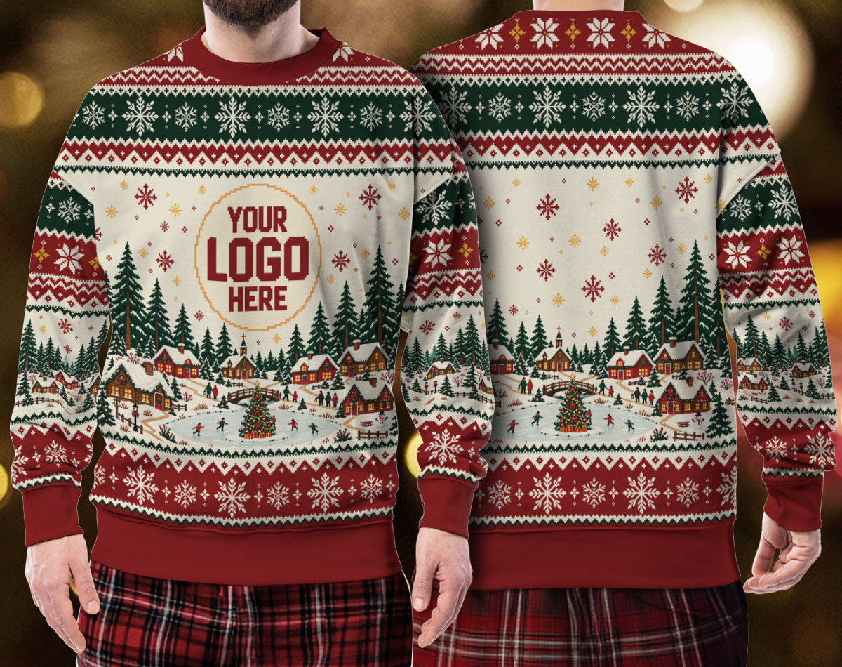 Custom Logo Ugly Christmas Sweater Snowy Village Ice Skating Patterned Holiday Jumper