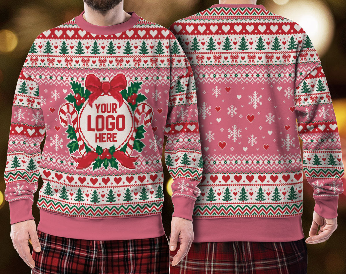 Custom Logo Ugly Christmas Sweater Pink Wreath Red Bow Heart Patterned Holiday Jumper