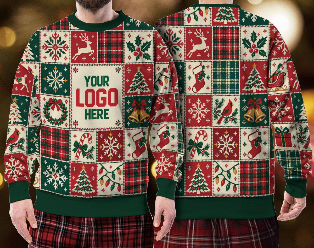 Custom Logo Ugly Christmas Sweater Patchwork Reindeer Plaid Grid Patterned Holiday Jumper