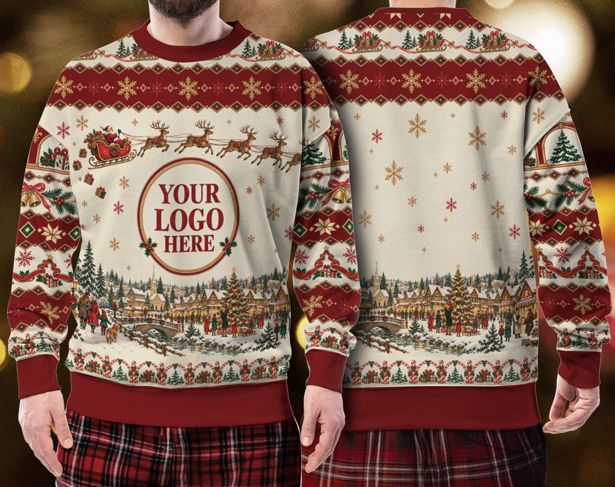 Custom Logo Ugly Christmas Sweater Vintage Santa Sleigh Reindeer Town Holiday Jumper
