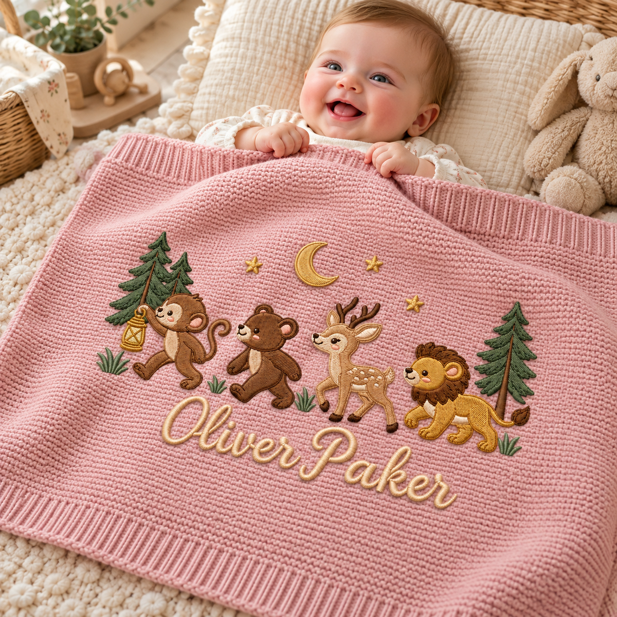 Personalized Embroidered Baby Blanket Custom Name Woodland Animal Knit Blanket Nursery Gift