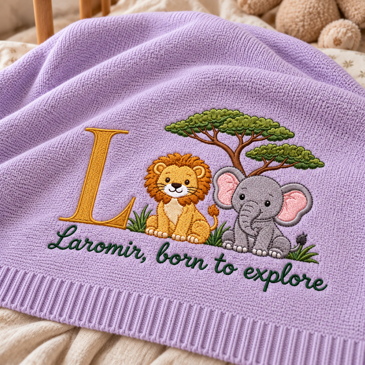 Personalized Embroidered Baby Blanket Custom Initial Lion Elephant Knit Nursery Gift