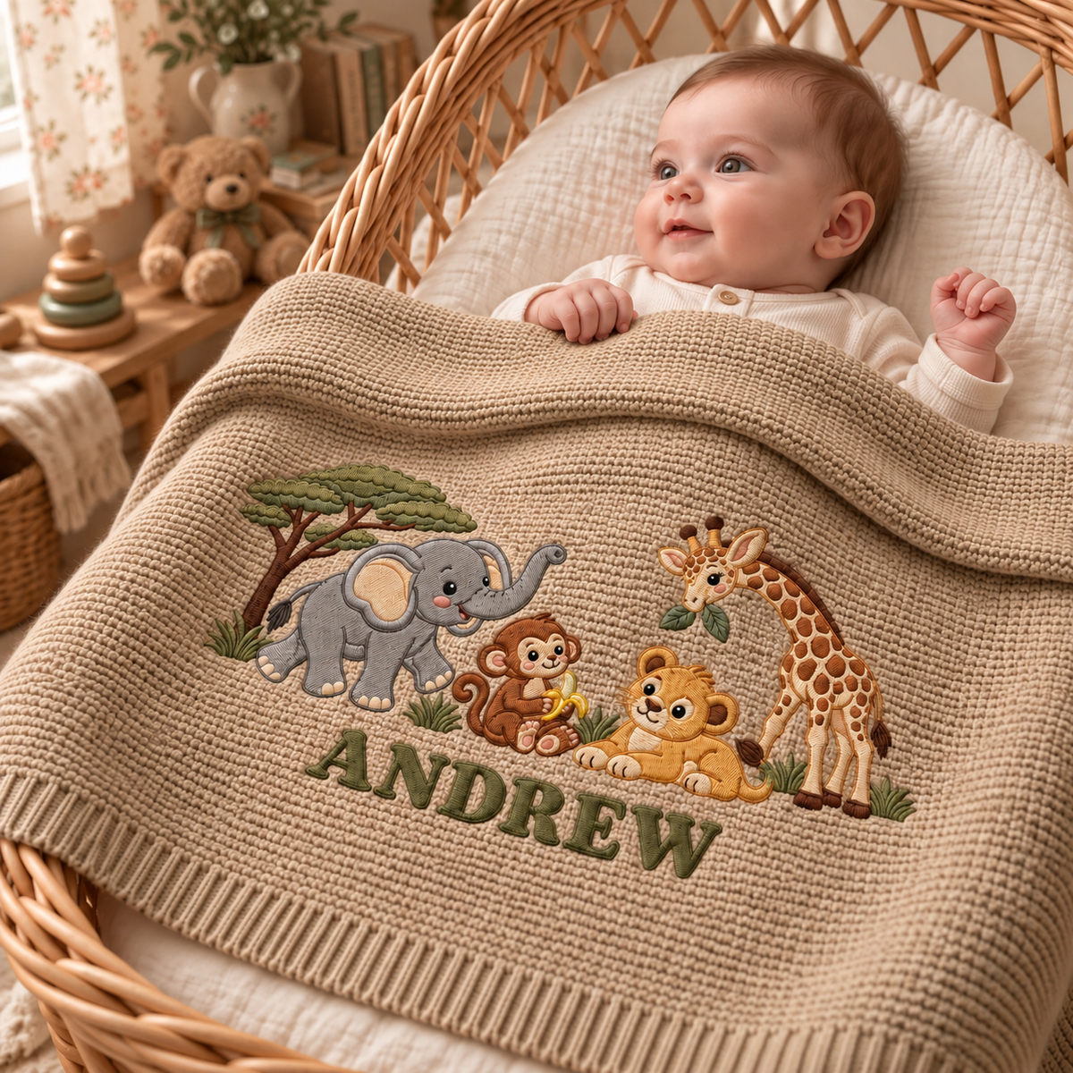Custom Embroidered Baby Blanket Personalized Safari Animal Knit Blanket Baby Shower Gift