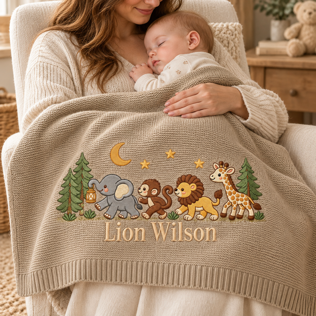 Personalized Embroidered Baby Blanket Custom Elephant Lion Giraffe Knit Baby Shower Gift