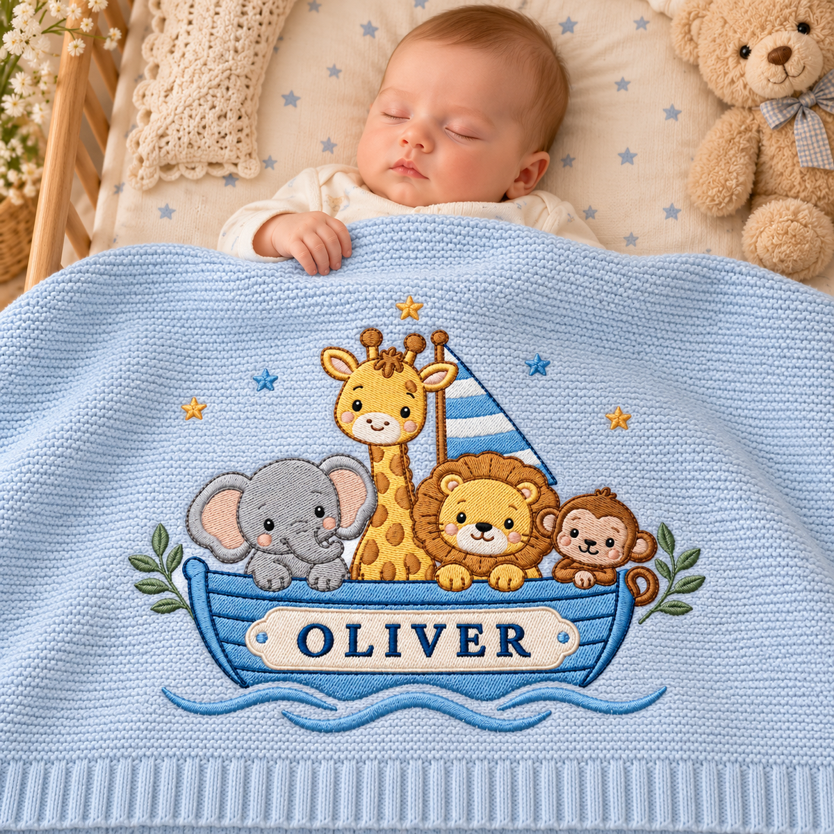 Personalized Embroidered Baby Blanket Custom Name Noah Ark Boat Knit Nursery Blanket