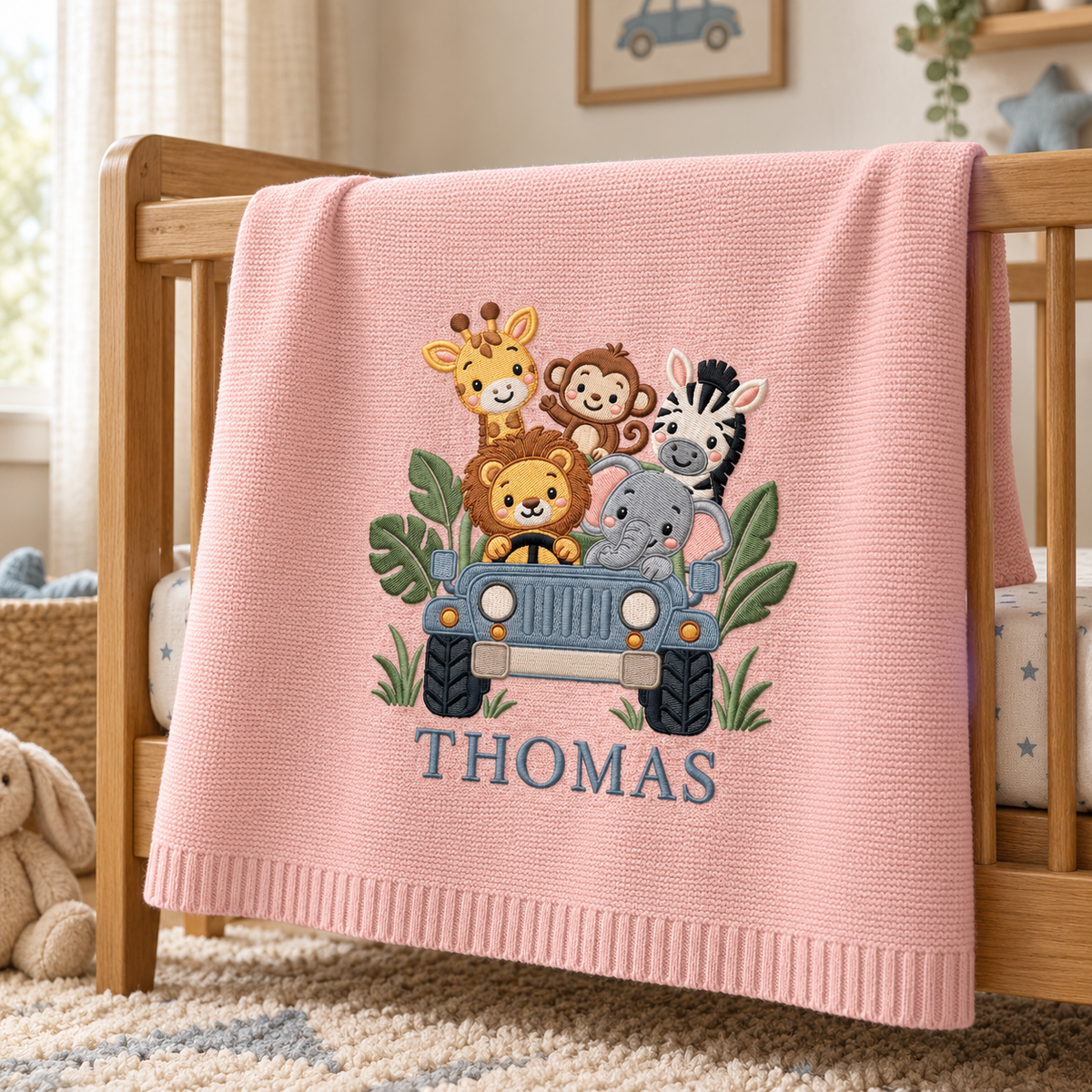 Custom Embroidered Baby Blanket Personalized Safari Car Animal Knit Baby Shower Gift