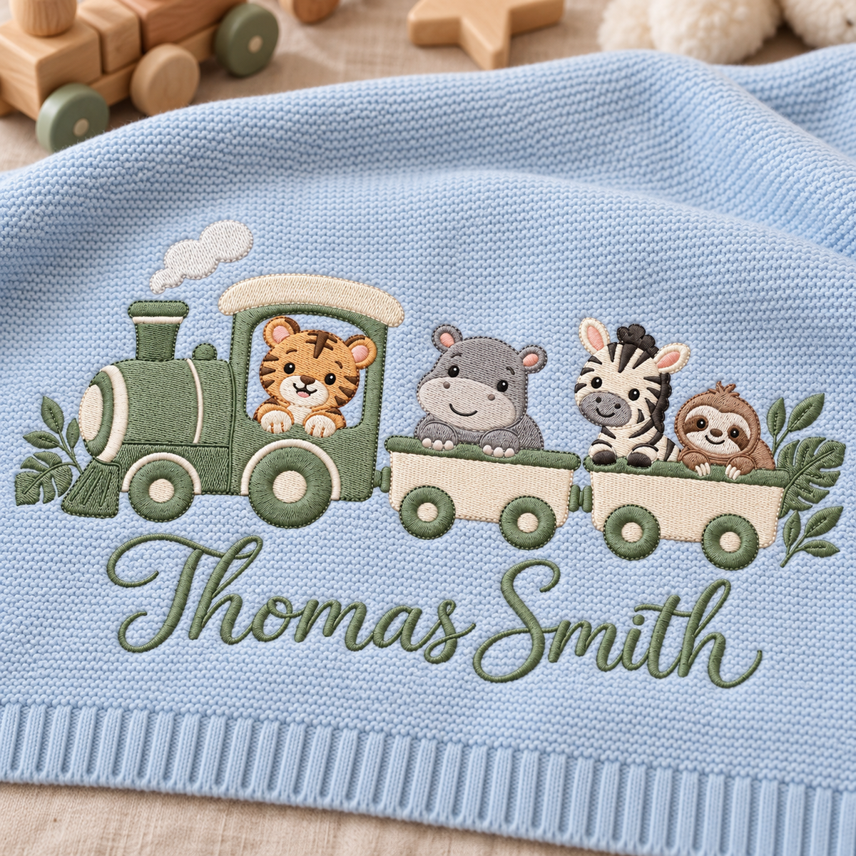 Personalized Embroidered Baby Blanket Custom Name Safari Train Knit Nursery Blanket