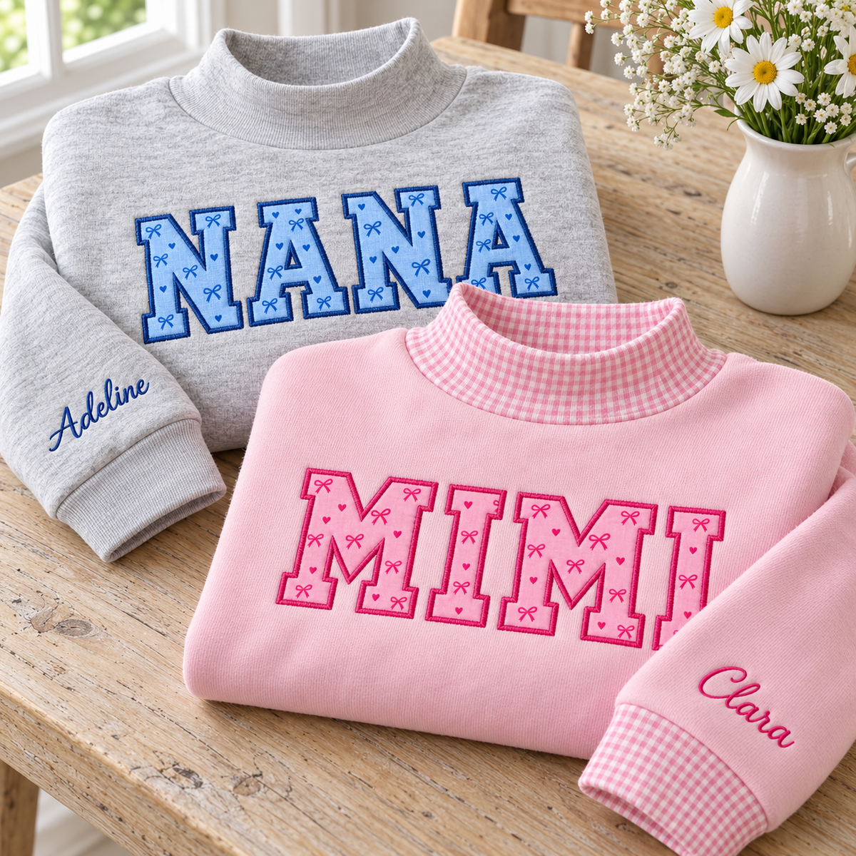Custom Family Applique Embroid Name Gingham Collar Sleeve Pullover Mockneck Sweatshirt