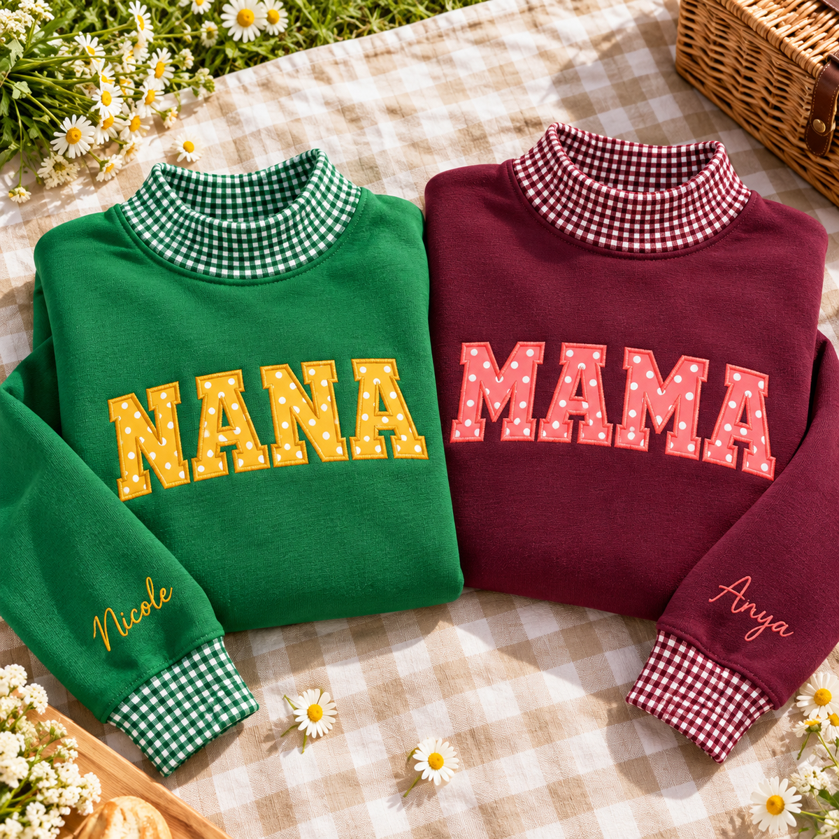 Custom Family Applique Embroid Coquette Bow Polka Dot Collar Mockneck Sweatshirt