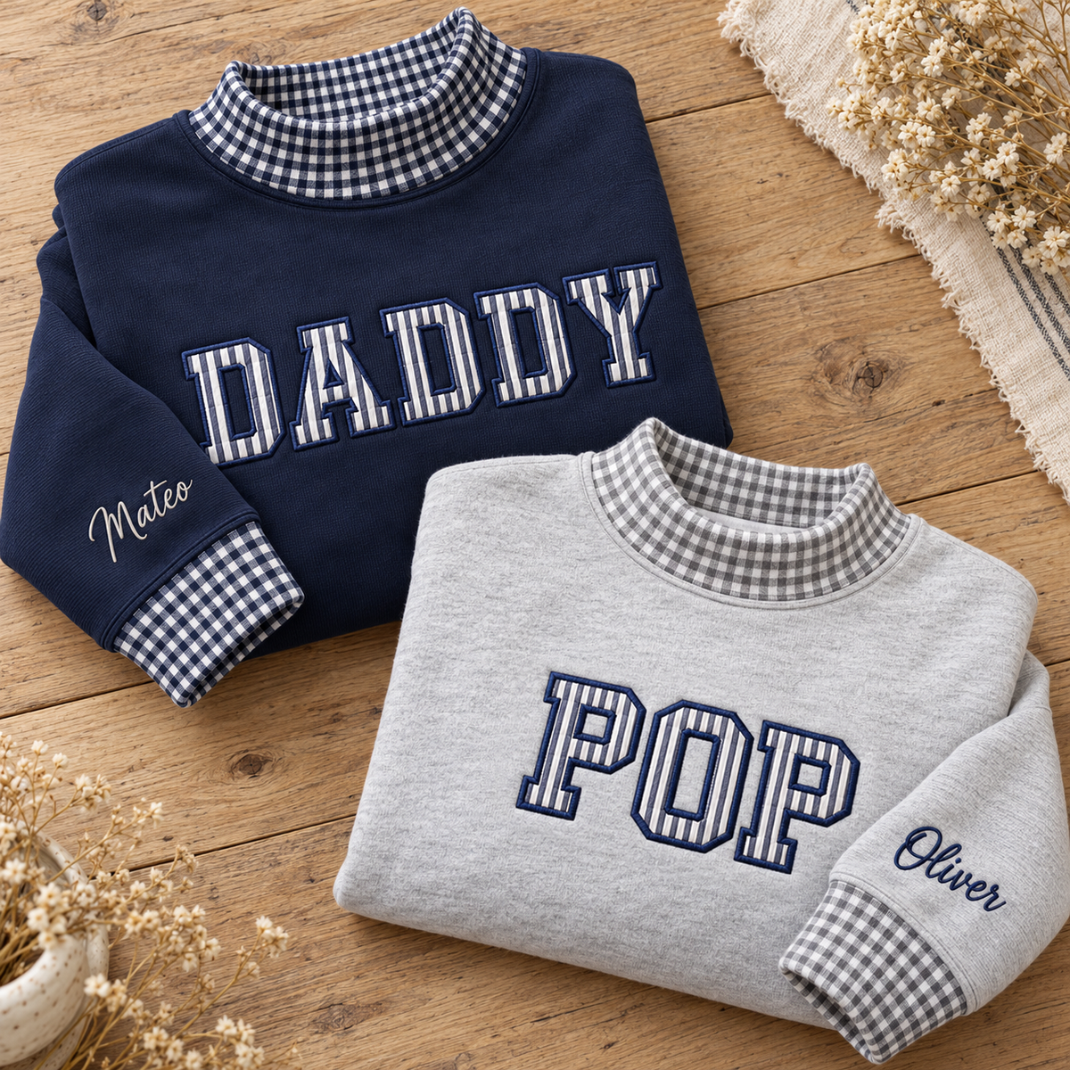Custom Name Family Applique Embroid Gingham Polka Dot Collar Mockneck Sweatshirt