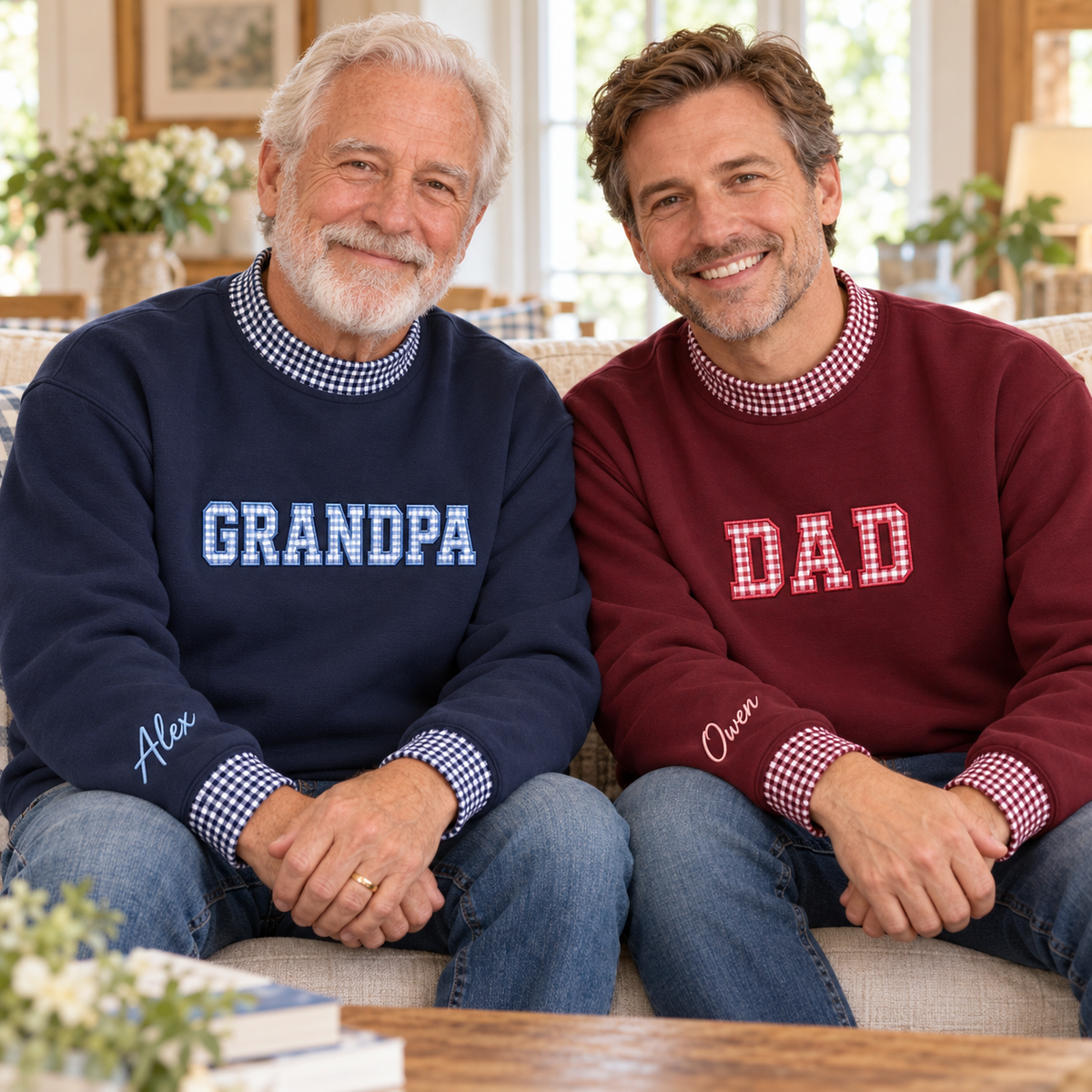 Custom Name Family Applique Embroid Stripe Gingham Collar Sleeve Mockneck Sweatshirt