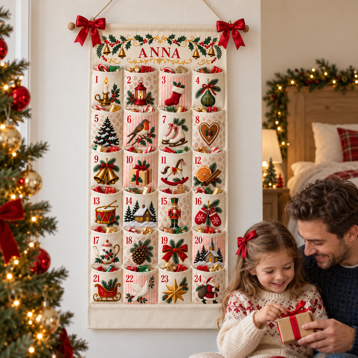 Custom Name Embroid Christmas Advent Calendar Classic Holiday Wall Hanging Pocket