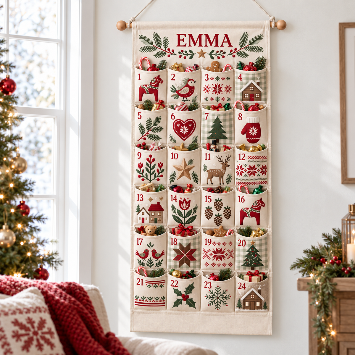 Custom Name Embroid Christmas Advent Calendar Nordic Folk Art Wall Hanging Pocket