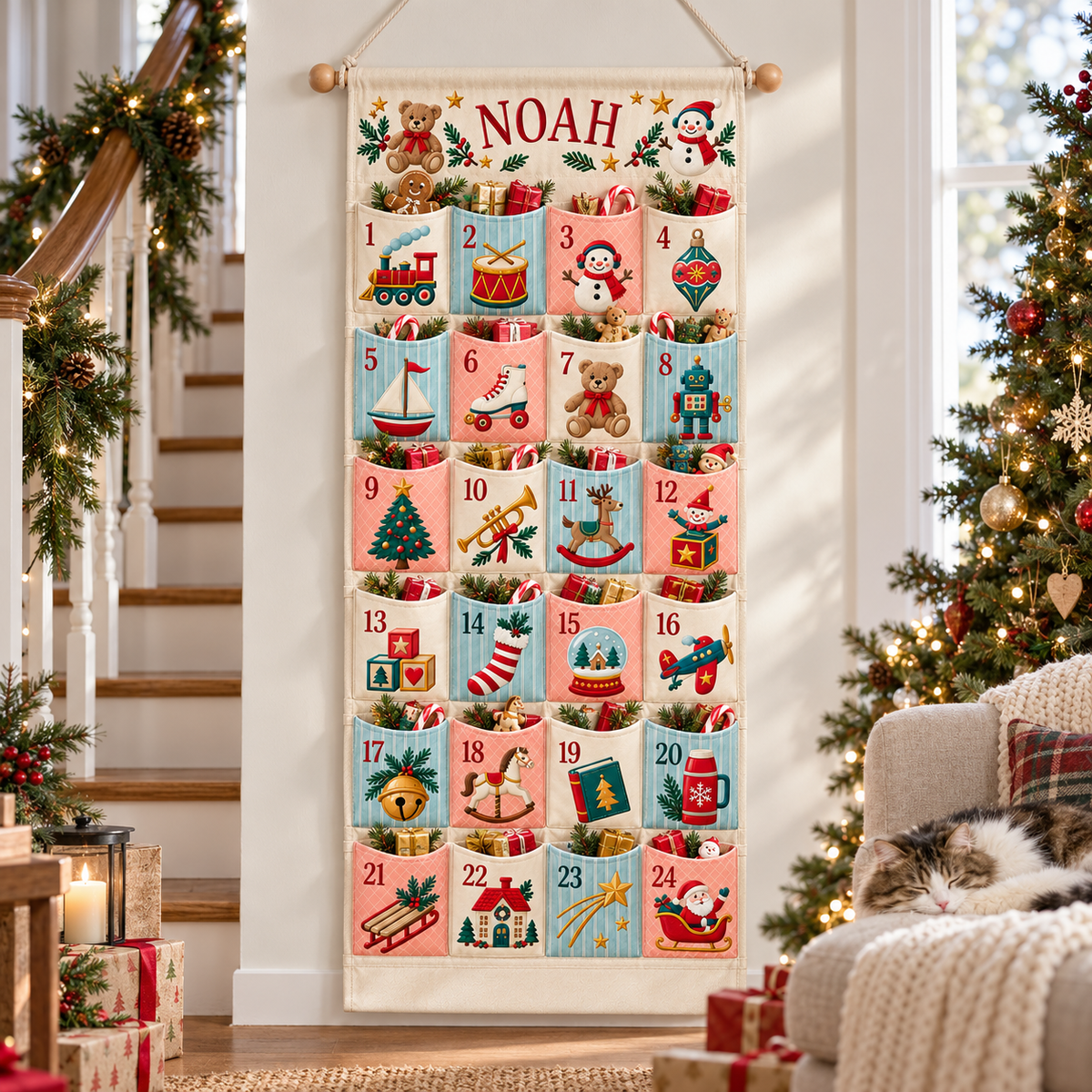 Custom Name Embroid Christmas Advent Calendar Retro Toy Train Wall Hanging Pocket