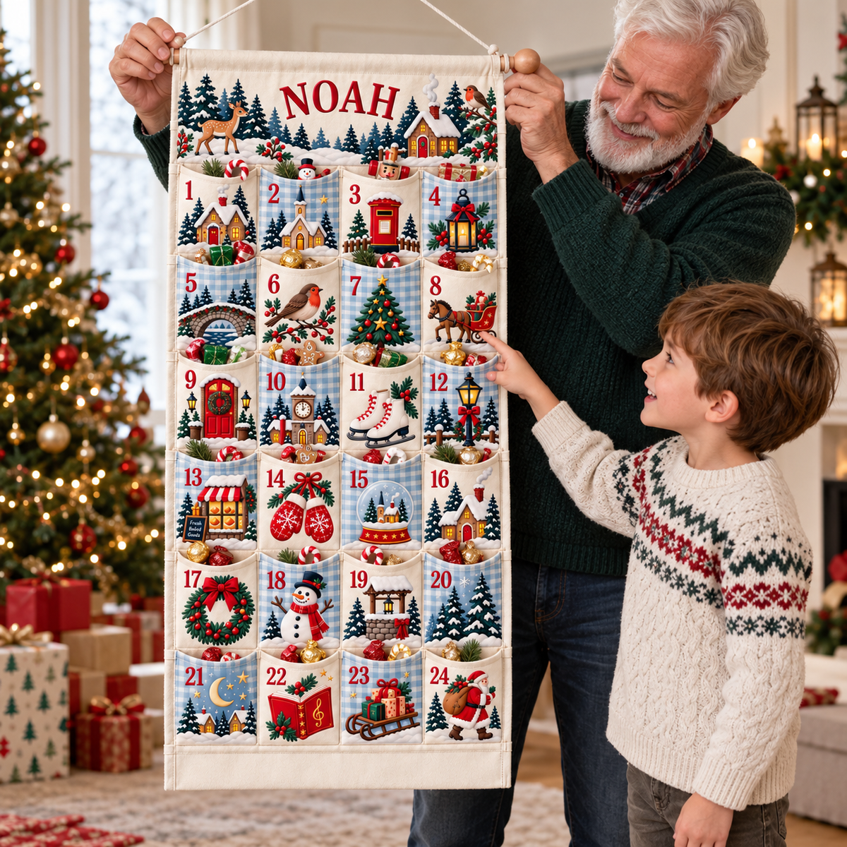 Custom Name Embroid Christmas Advent Calendar Country Village Wall Hanging Pocket
