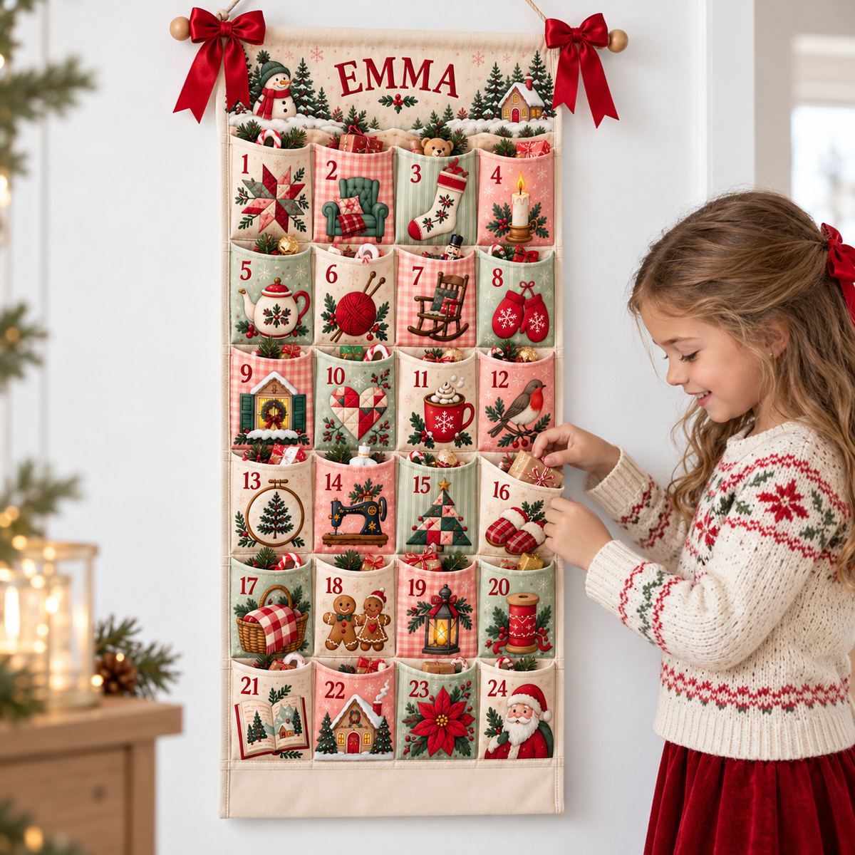 Custom Name Embroid Christmas Advent Calendar Cozy Handcraft Wall Hanging Pocket