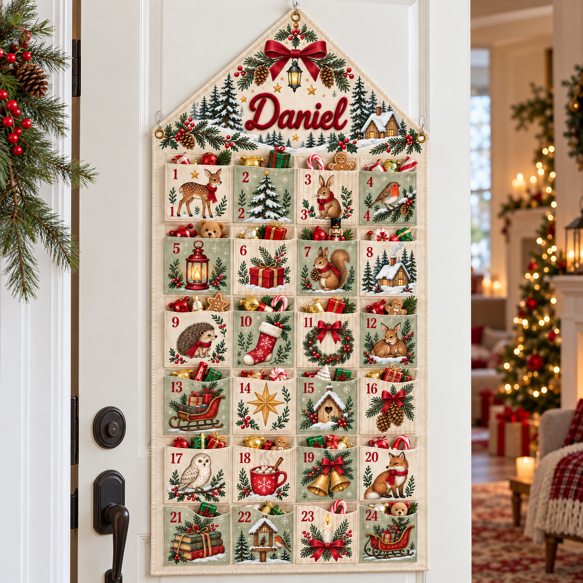 Custom Name Embroid Christmas Advent Calendar Woodland Animal Wall Hanging Pocket