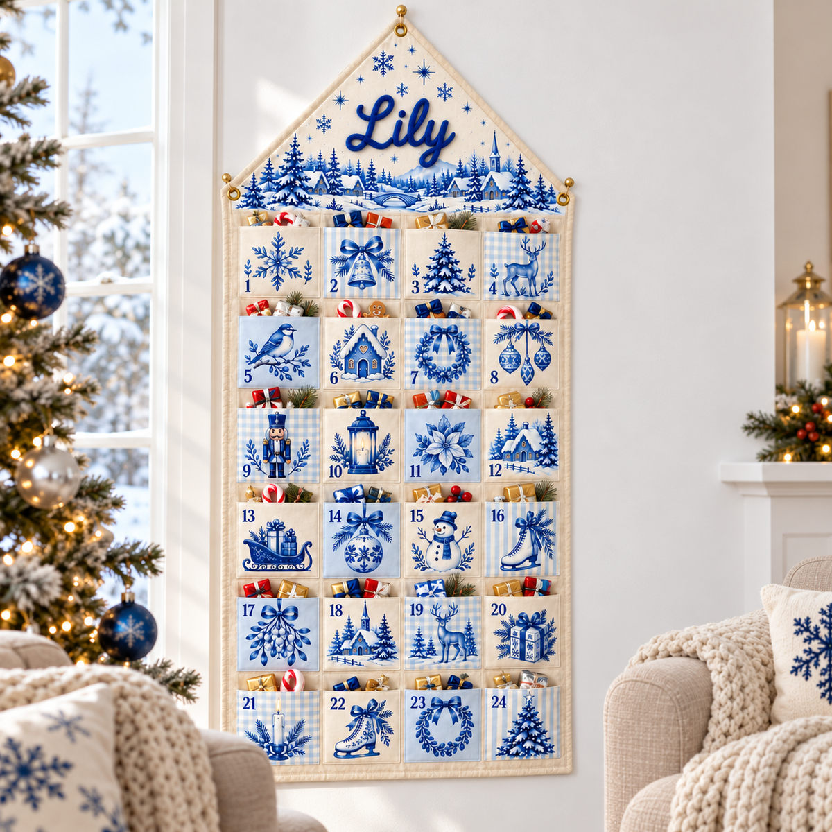 Custom Name Embroid Christmas Advent Calendar Toile De Jouy Vintage Wall Hanging Pocket
