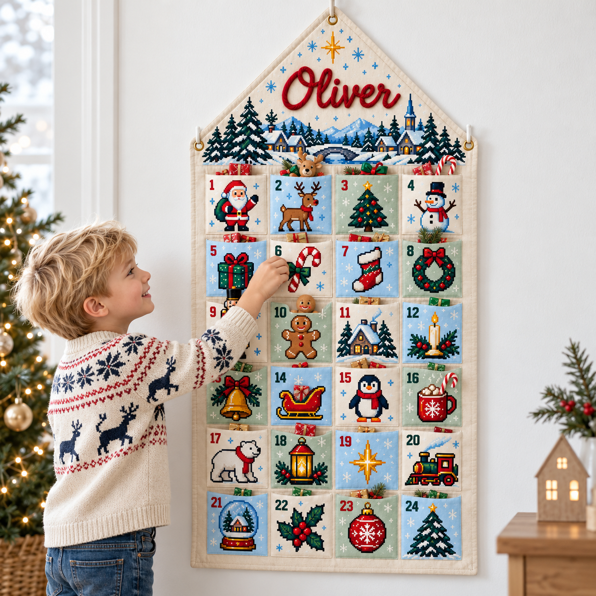 Custom Name Embroid Christmas Advent Calendar Pixel Art Santa Wall Hanging Pocket