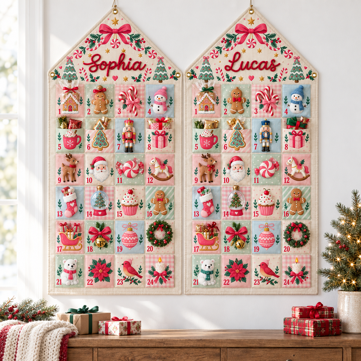 Custom Name Embroid Christmas Advent Calendar Gingerbread Santa Wall Hanging Pocket