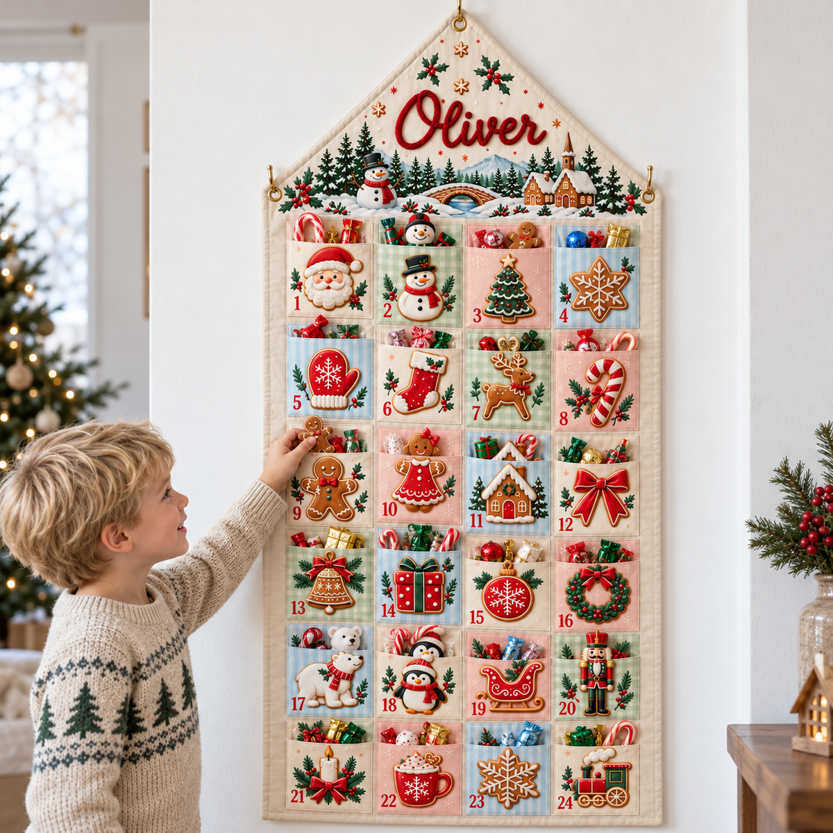 Custom Name Embroid Christmas Advent Calendar Gingerbread Snowman Wall Hanging Pocket