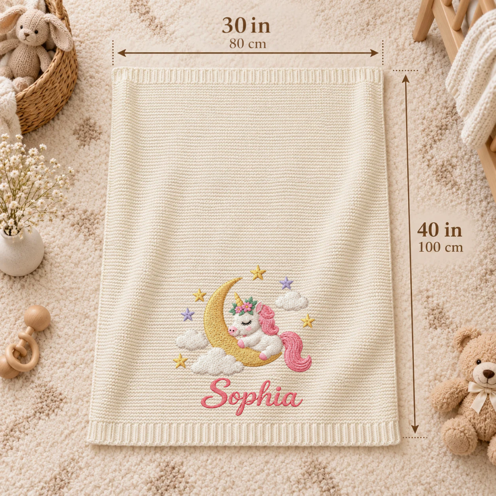 Custom Baby Blanket Embroidered Unicorn Moon Stars Name Knitted Nursery Swaddle Wrap