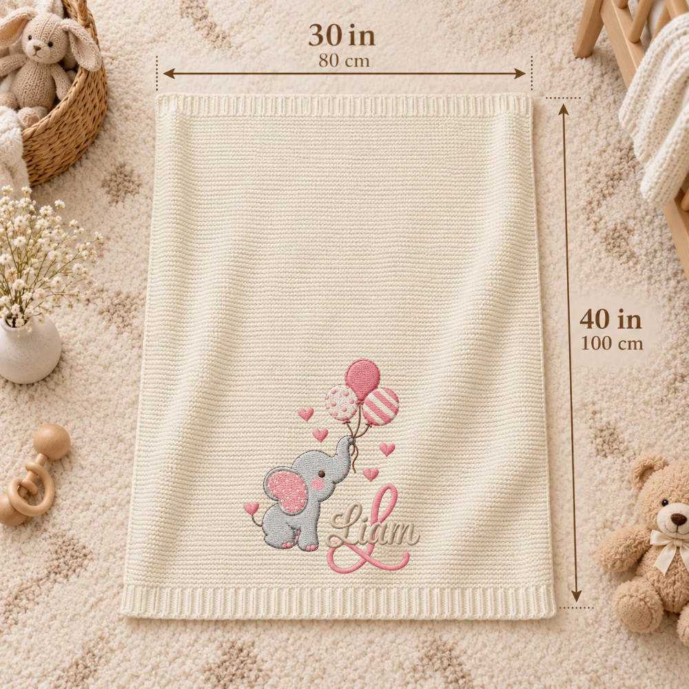 Custom Baby Blanket Embroidered Elephant Balloons Name Knitted Nursery Swaddle Wrap