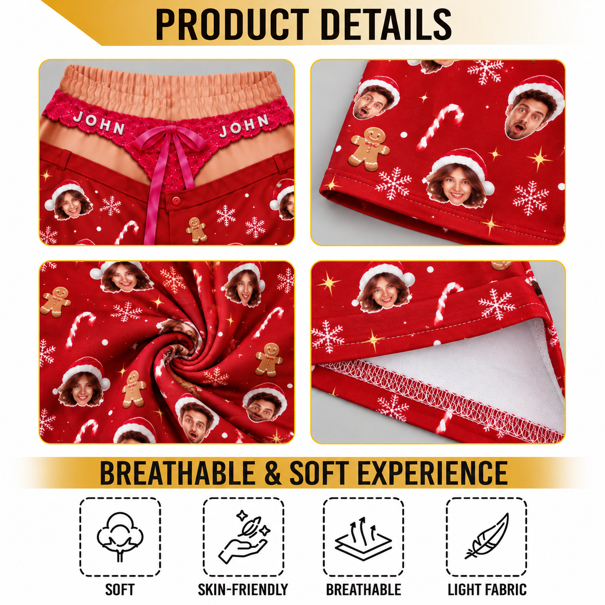 Custom Face Christmas Pajama Pants Funny Photo Print Holiday Thong Underwear Bottoms