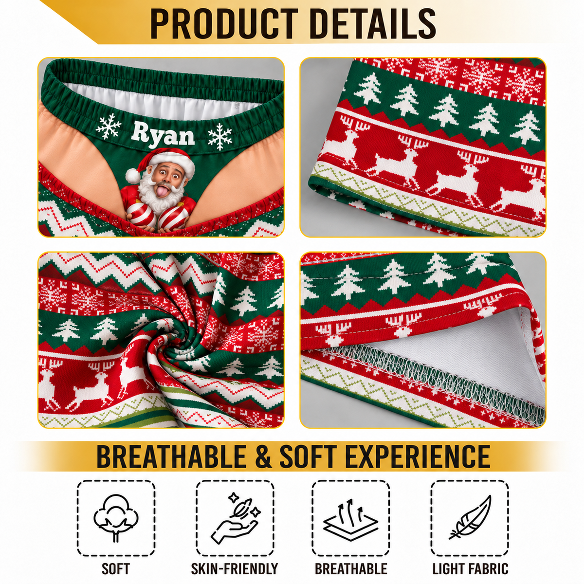 Custom Face Christmas Pajama Pants Personalized Photo Print Thong Underwear Loungewear