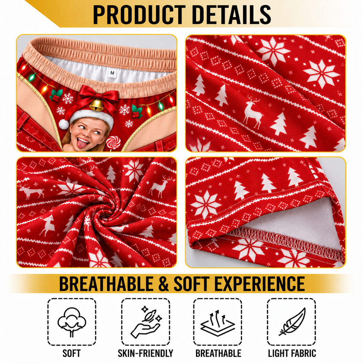Custom Face Christmas Pajama Pants Funny Photo Print Holiday Thong Loungewear Set