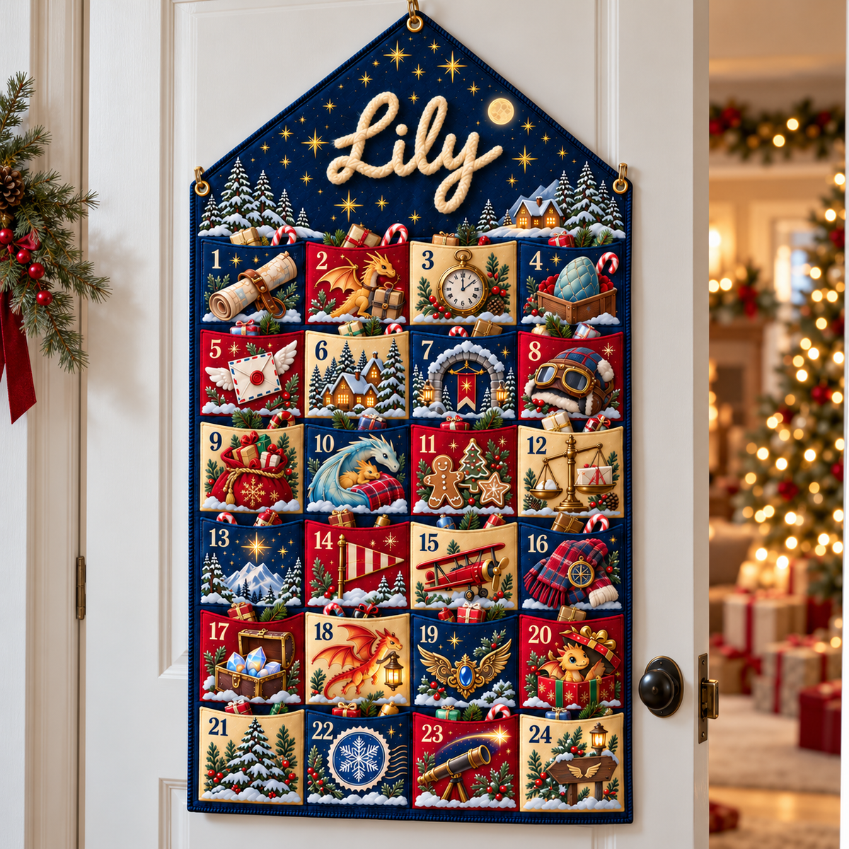 Custom Name Blue Embroid Christmas Advent Calendar Dragon Fantasy Wall Hanging Pocket