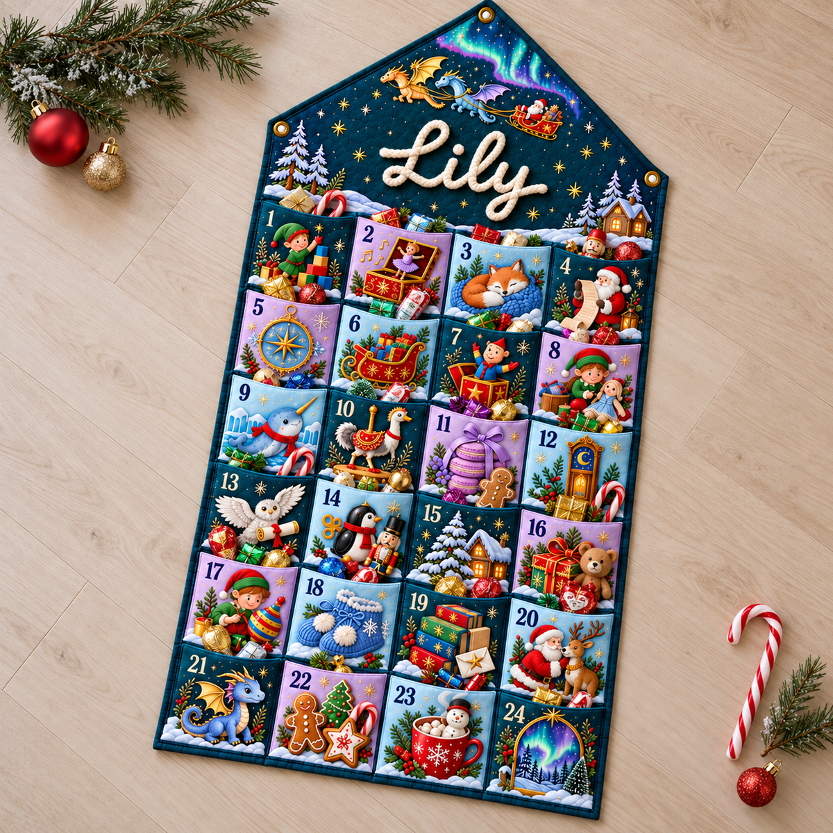 Custom Name Embroid Christmas Advent Calendar Fantasy Dragon Santa Wall Hanging Pocket