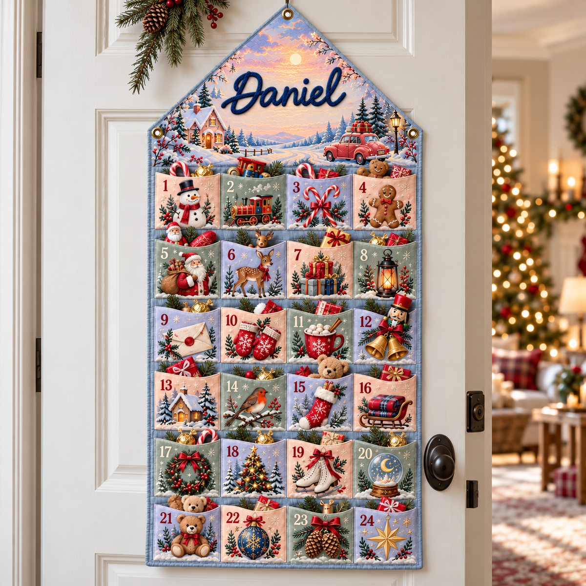 Custom Name Embroid Christmas Advent Calendar Winter Village Snowman Wall Hanging Pocket