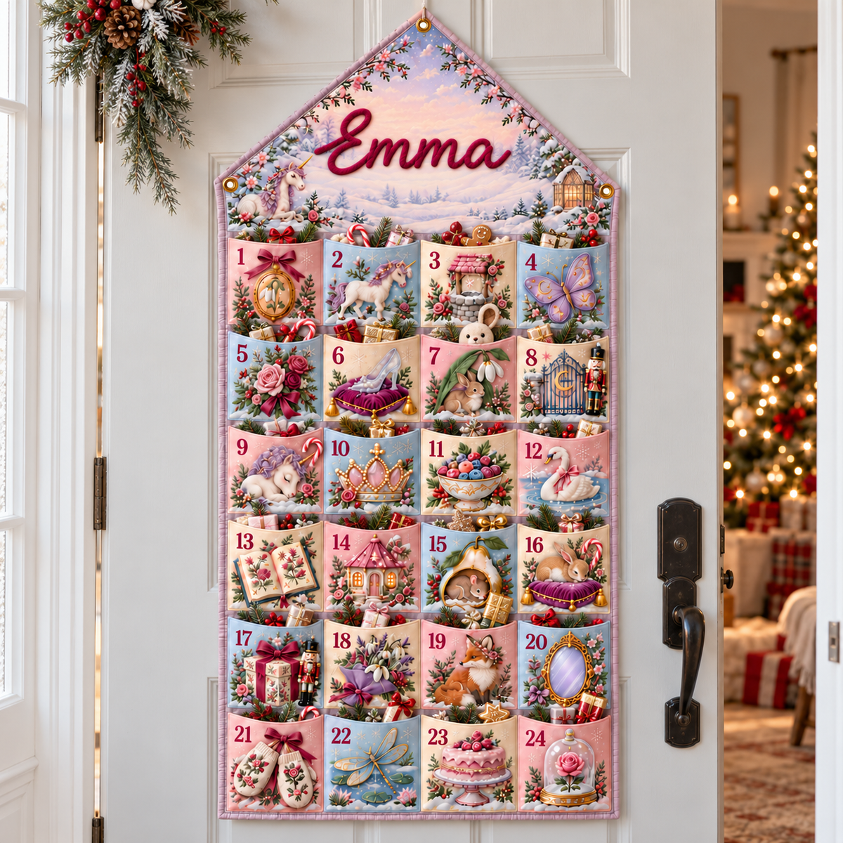 Custom Name Embroid Christmas Advent Calendar Princess Unicorn Wall Hanging Pocket