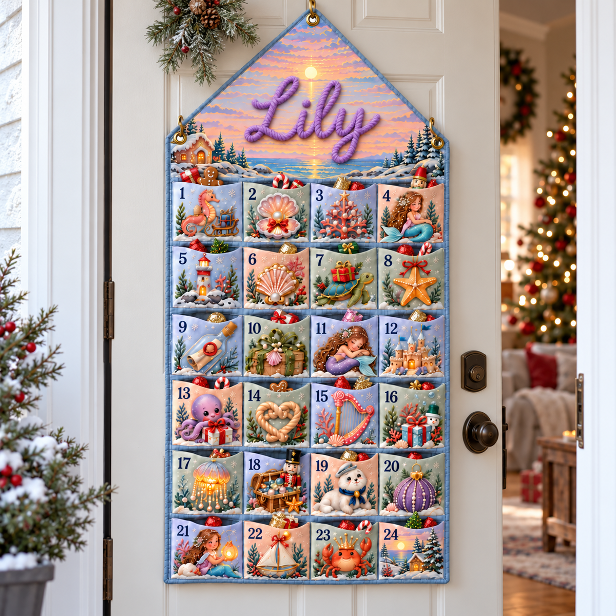 Custom Name Embroid Christmas Advent Calendar Mermaid Coastal Wall Hanging Pocket