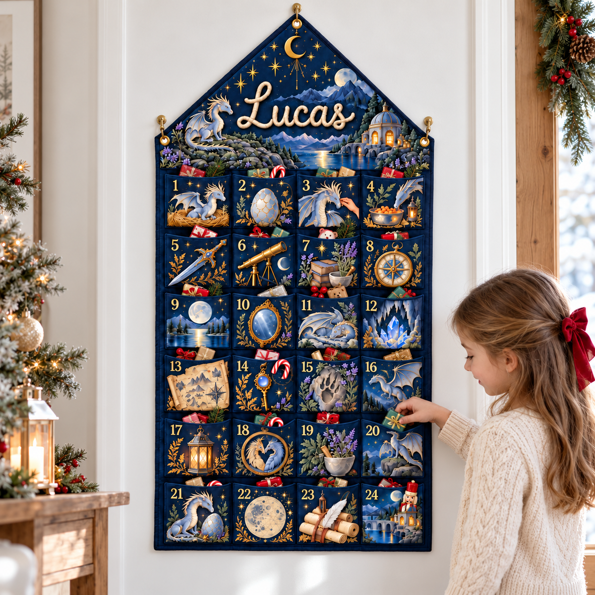 Custom Name Embroid Christmas Advent Calendar Dragon Fantasy Hanging Pocket Tapestry