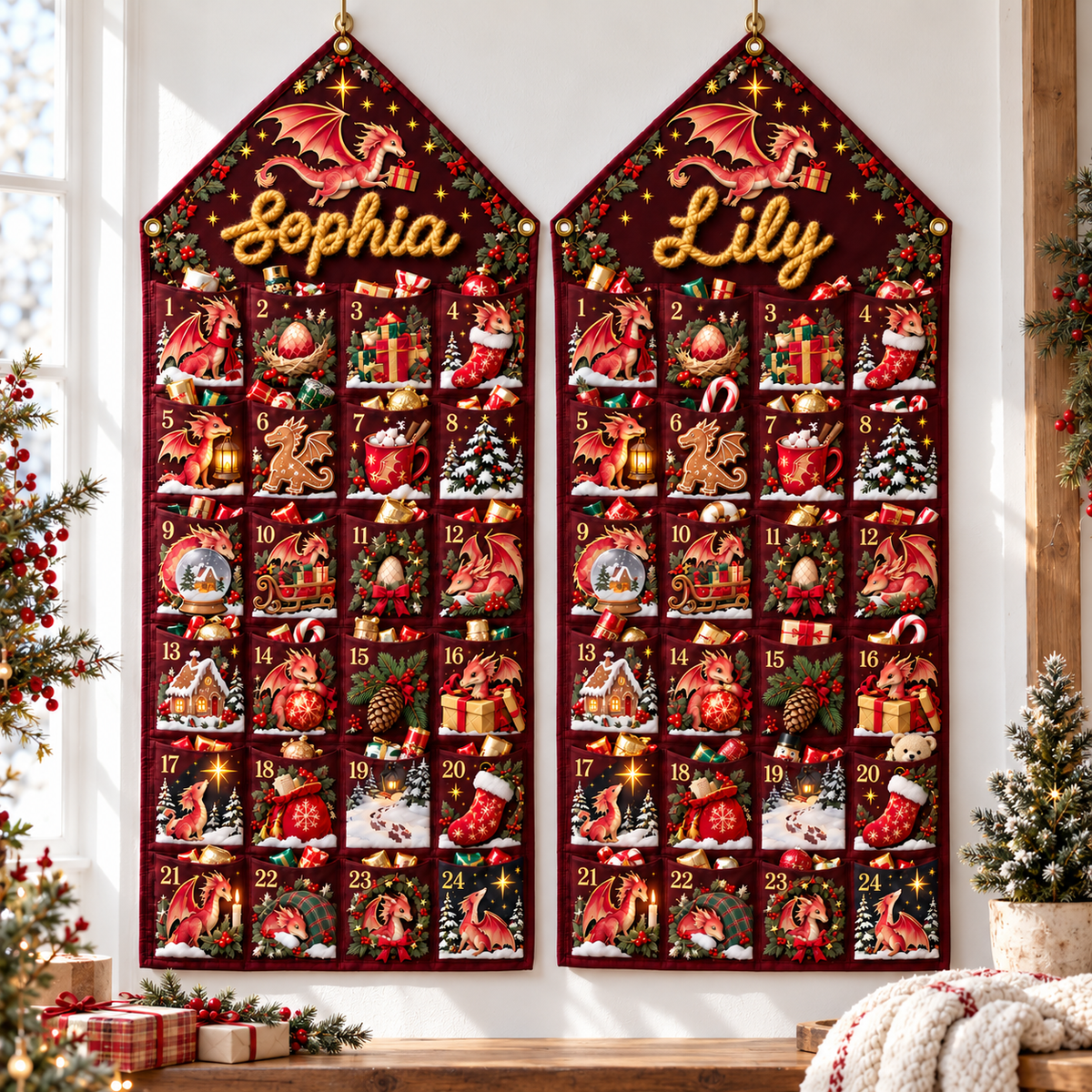 Custom Name Embroid Christmas Advent Calendar Baby Dragon Hanging Pocket Tapestry