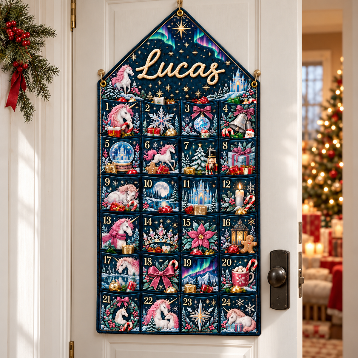 Custom Name Embroid Christmas Advent Calendar Unicorn Magic Hanging Pocket Tapestry