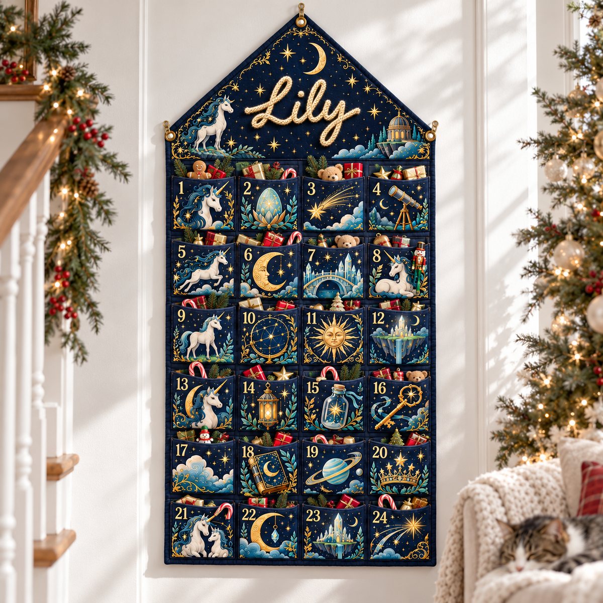 Custom Name Embroid Christmas Advent Calendar Unicorn Celestial Wall Hanging Pocket