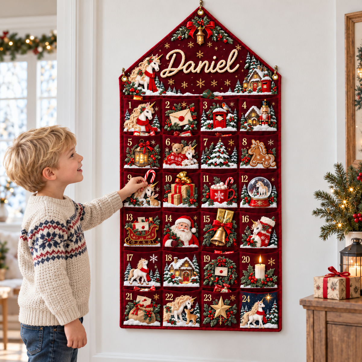 Custom Name Embroid Christmas Advent Calendar Unicorn Festive Wall Hanging Pocket