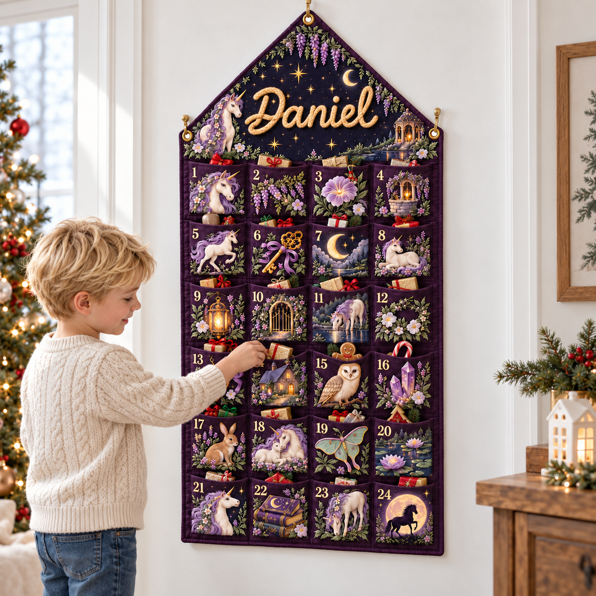 Custom Name Purple Embroid Christmas Advent Calendar Unicorn Wall Hanging Pocket