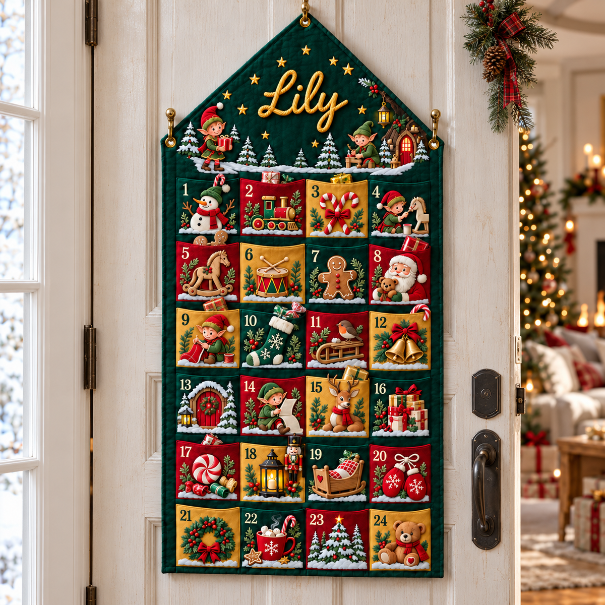 Custom Name Green Embroid Christmas Advent Calendar Elf Santa Wall Hanging Pocket